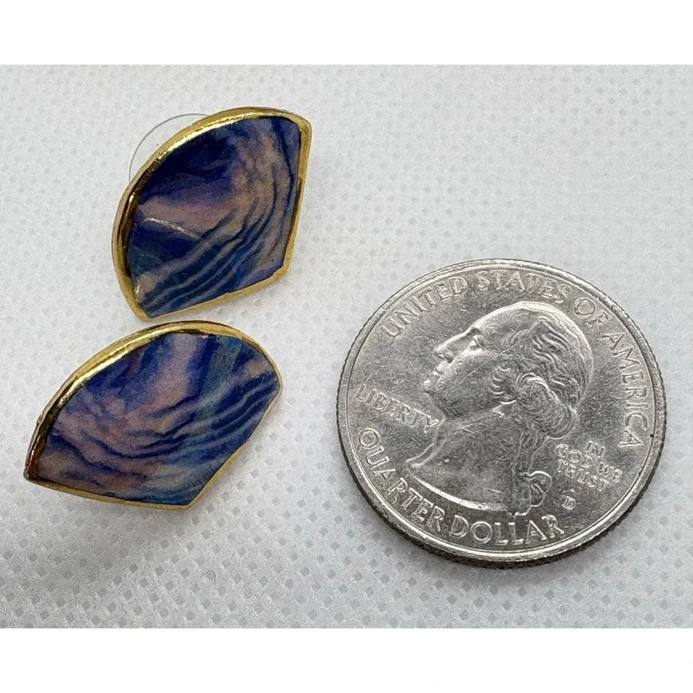 Vintage Artisan Ceramic Earrings Abstract Blue & Pink‎ Swirl Gold Tone Edge